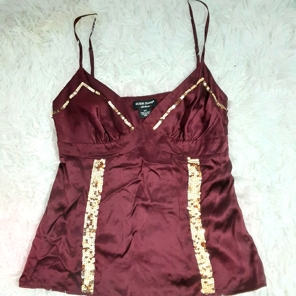 Guess 100% Silk Spaghetti Strap V-neck Gold Sequins Trim Tank Top Small - Picture 1 of 4